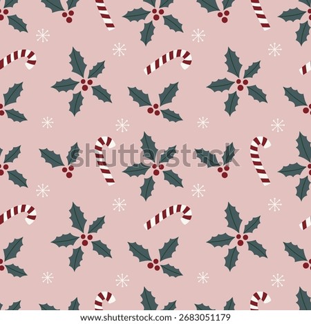Seamless festive pattern with holly leaves, berries and candy canes on a soft pink background. Great for gift wrap, party supplies, textile and seasonal stationery.