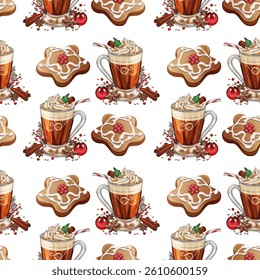 Seamless festive pattern with hot cocoa in glass mugs, iced star cookies, cinnamon sticks and holiday spices on white background