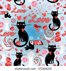 Seamless festive pattern with lovers cats and birds