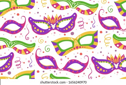 Seamless festive pattern with masks, confetti, ribbon on white background. Flat hand drawn holiday backdrop. Vector texture on the Mardi Gras holiday for your creativity