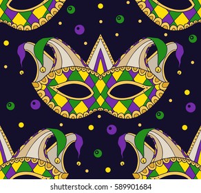 Seamless festive pattern with masks. Vector texture on the Mardi Gras holiday for your creativity