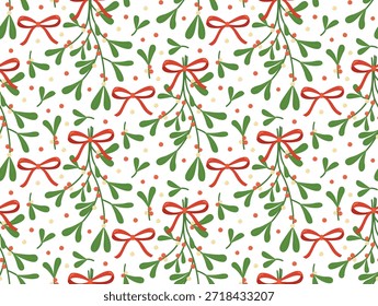 Patrón festivo sin fisuras con ramas de muérdago y lazos rojos. Fondo de vacaciones decorativo