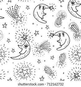 Seamless festive pattern with moons and stars made by hand in vector.