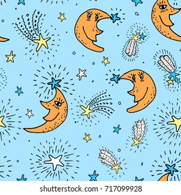 Seamless festive pattern with moons and stars made by hand in vector.