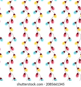 Seamless festive pattern of multicolored garlands of shining light bulbs. Vector illustration for background, decor, fabrics and postcards