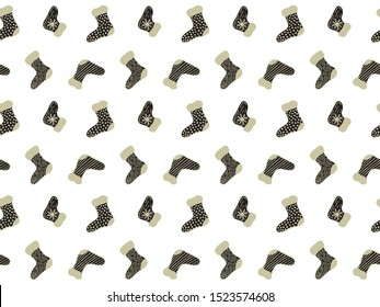 Seamless festive pattern for the New Year and Christmas from black and gold hand-drawn socks in Scandinavian style on a white background. Wrapping paper, print, textile, fabric, etc. Vector.