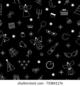 Seamless festive pattern with New Year attributes  made   in vector.
