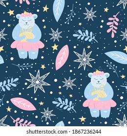 Seamless festive pattern for packaging and design of baby things. Cute bears with stars and snowflakes in boho style