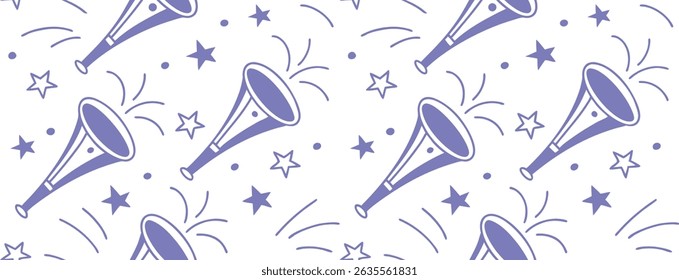 Seamless festive pattern with party horns, stars, and burst lines in purple tones. Perfect for celebration designs, event invitations, or birthday  Playful, cheerful, and fun artwork.