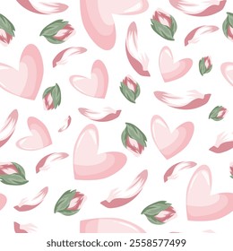 seamless festive pattern of pink hearts with various pink magnolia petals, for Valentine's Day