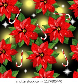 Seamless festive pattern with  poinsettia, candy cane. Vector illustration. Traditional christmas symbols. Endless textures for Christmas design, fabrics, Wallpapers, greeting cards, wrappers.