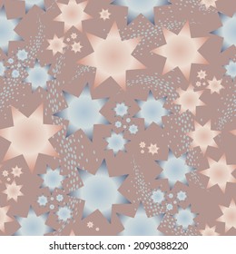 Seamless festive pattern with seven-pointed stars in pink and blue muted tones. Great for wallpaper, wrapping paper, backgrounds and other designs. Vector illustration.