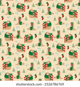A seamless festive pattern of sloths holding presents and trees is displayed. The sloths are holding presents and the trees are adorned with lights, creating a warm and cozy atmosphere