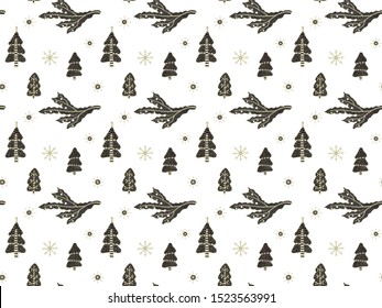 Seamless festive pattern of snowflakes, Christmas trees and branches decorated with balls in the Scandinavian style on a white background. For Christmas and New Year. Vector.