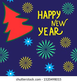 Seamless festive pattern, snowflakes, stars and Christmas trees on a dark blue background. Text ,, happy new year. "Vector illustration