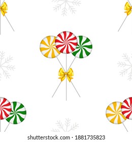 Patrón festivo sin inconvenientes de rayas rojas, amarillas, verdes y copos de nieve grises sobre un fondo blanco para impresiones de moda, textiles, tejidos, ropa de cama, papel envolvente. Ilustración vectorial.