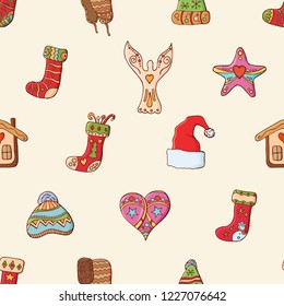 Seamless festive pattern with traditional Christmas symbols and decoration. Endless traditional texture for Christmas design, fabrics, wallpapers, greeting cards, wrappings. Vector color illustration.