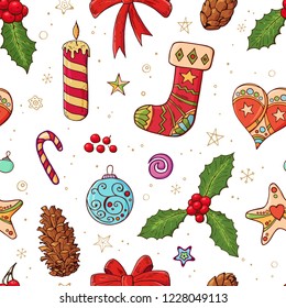 Seamless festive pattern with traditional Christmas symbols and decoration. Endless traditional texture for Christmas design, fabrics, wallpapers, greeting cards, wrappings. Vector color illustration.