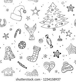 Seamless festive pattern with traditional Christmas symbols and decoration. Endless traditional texture for Christmas design, fabrics, greeting cards, wrappings. Vector monochrome illustration.