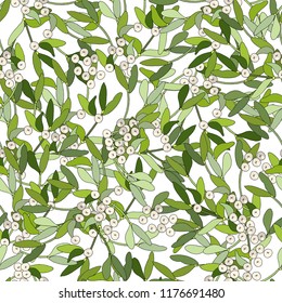 Seamless festive pattern with traditional mistletoe. Traditional christmas symbol. Endless texture for Christmas design, fabrics, wallpapers, greeting cards, wrappings.