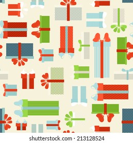 Seamless festive pattern. Various gift boxes on light background. Christmas texture.