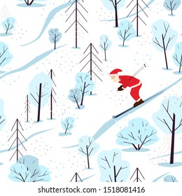 Seamless festive pattern with winter forest and santa claus. Santa Claus is skiing. Scandinavian landscape with firs and snowy trees. Creative illustration for the children. Flat cartoon style