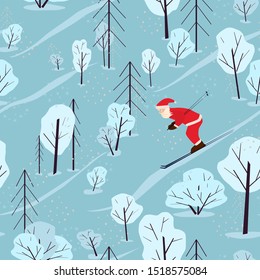 Seamless festive pattern with winter forest and santa claus. Santa Claus is skiing. Scandinavian landscape with firs and snowy trees. Flat cartoon style. 
Sports Santa Claus.
