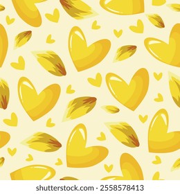 seamless festive pattern of yellow hearts with various petals from under tulips on a yellow background, for Saint Valentine's Day