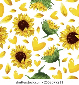 seamless festive pattern of yellow hearts with various sunflower petals and buds, for Saint Valentine's Day
