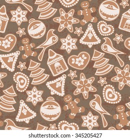 Seamless festive pattern.Christmas symbols - cookies.Grunge texture - vector background.