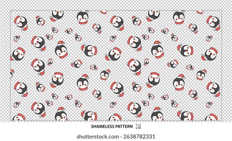 Seamless festive penguin pattern with cute Christmas hats on transparent background
