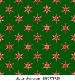 Seamless festive red background of red stars with six rays.