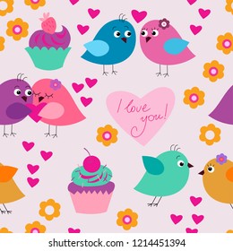 Seamless festive texture with a birds in love and cupcakes