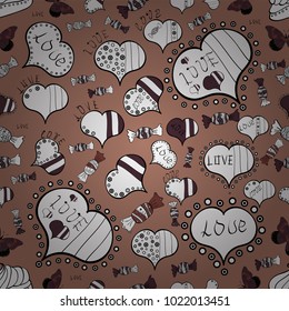 Seamless festive texture with doodle hearts and love inscription. Elements beige, white and black colors on background. Vector pattern for your creativity.