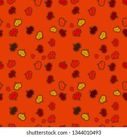 Seamless festive texture with doodle hearts and love inscription. Vector pattern for your creativity. Elements orange, red and black colors on background.