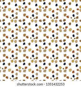 Seamless festive texture with doodle hearts and love inscription. Elements white, yellow and black colors on background. Vector pattern for your creativity.
