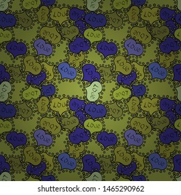 Seamless festive texture with doodle hearts and love inscription. Elements green, blue and black colors on background. Vector pattern for your creativity.