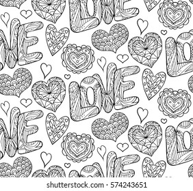 Seamless festive texture with doodle hearts and love inscription. Black and white background coloring for adults. Vector pattern for your creativity