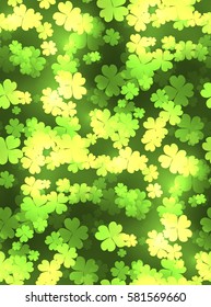 Seamless festive texture with a happy four-leaf clover, sparks. Vector pattern for your creativity