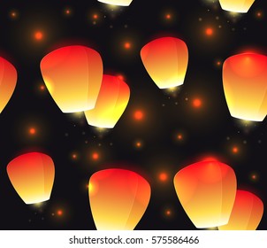 Seamless festive texture sky lanterns and sparks. Vector pattern for your creativity