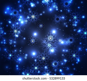 Seamless festive texture with sparkles, snowflakes. Snowstorm night. Vector element for your creativity