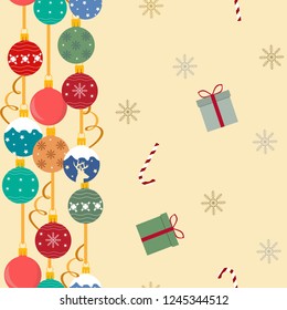 Seamless festive vector illustration with Christmas balls and gifts on a beige background. For decoration of textiles, packaging, web design.