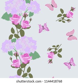Seamless festive vector illustration with hydrangea, roses and butterflies. For decorating textiles, packaging, wallpapers and web design.