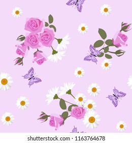 Seamless festive vector illustration with roses, daisies and butterflies. For decoration of textiles, packaging and web design.