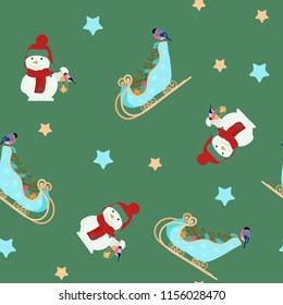 Seamless festive vector illustration with Santa Claus sled and snowman on a green background. For decoration of textiles, packaging and web design.