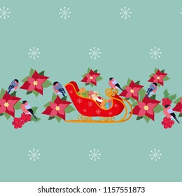 Seamless festive vector illustration with Santa's sleigh, flowers poinsettia, bullfinches. For decoration of textiles, packaging and web design.