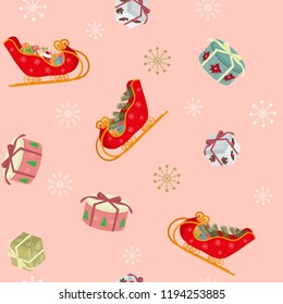 Seamless festive vector illustration with Santa's sleigh, gifts, bullfinches on a pink background. For decoration of textiles, packaging and web design.