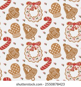 Seamless festive vector pattern with Christmas gingerbread cookies with holly berries on white background. Perfect for holiday decor and wrapping paper. Hand drawn flat illustration