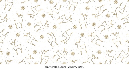 Seamless festive vector pattern with deer and snowflakes on a white background. Ornament for gift wrapping paper, fabric, clothes, textile, surface textures, scrapbook.