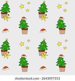 Padrão de vetor festivo contínuo com bonitas árvores de Natal envasadas, chapéus de Papai Noel e estrelas sorridentes em um fundo claro. Ideal para designs de férias para crianças, embrulho para presentes e produtos sazonais